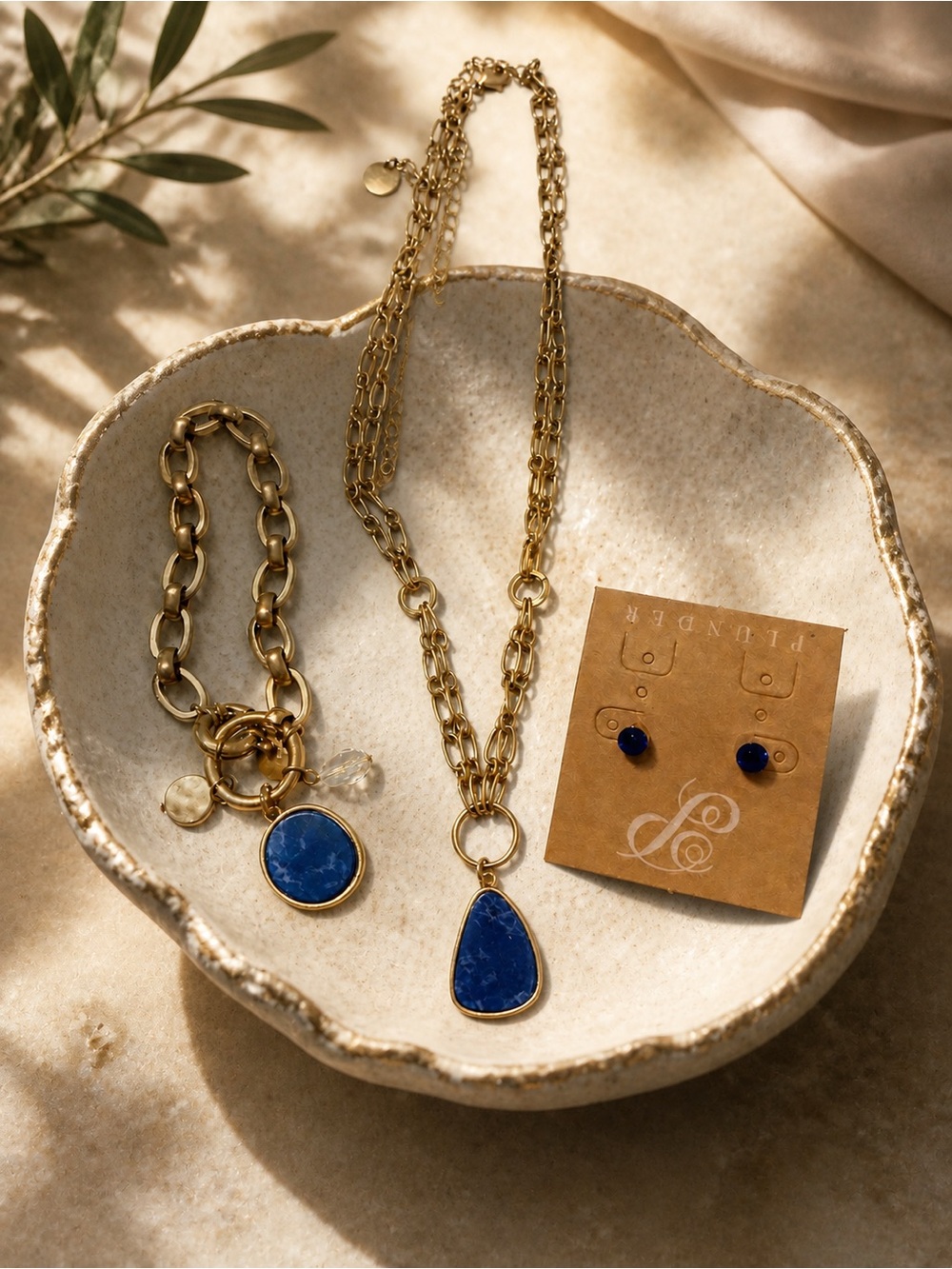 Plunder Gold-Tone Necklace & Bracelet Set with Blue Stone Pendants